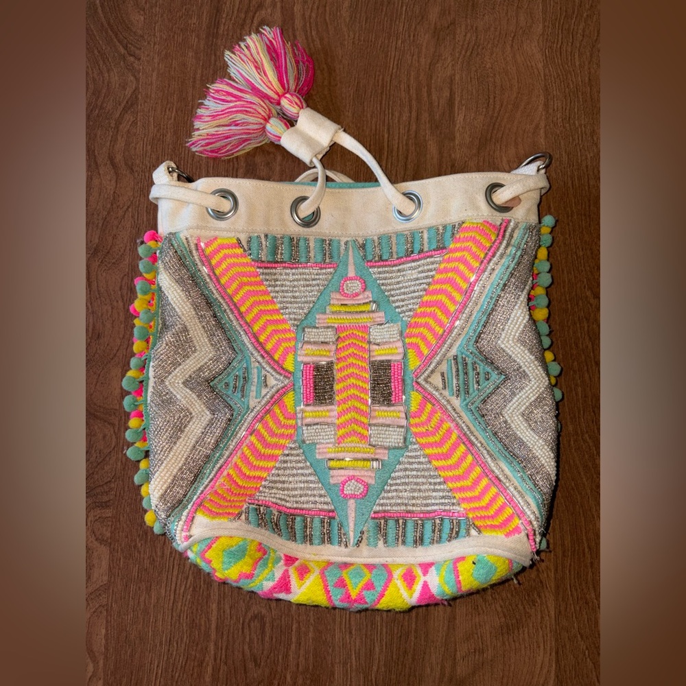 Embroidered Boho Bucket Bag with Pink and Turquoise Accents